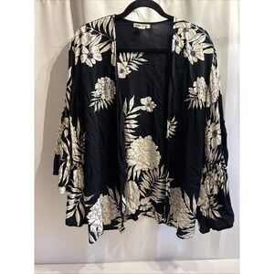 Billabong Kimono Open Front Womens Size S/M Black Cream Floral Print Bell Sleeve